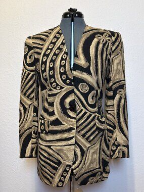 Vintage Rena Rowan Saville 6 Black Taupe Abstract Rayon Statement Jacket 90s